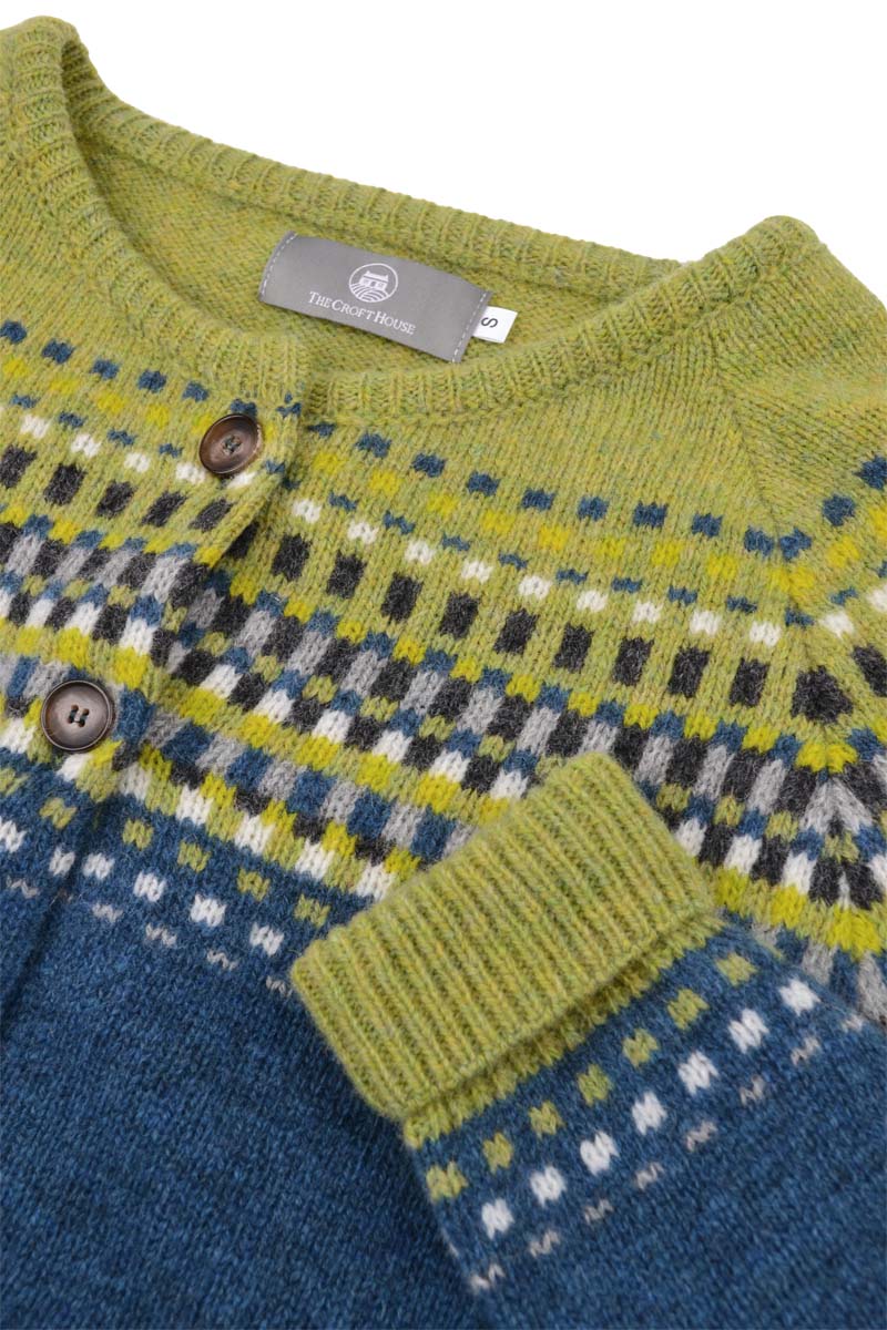 Ladies building blocks fairisle cardigan. Teal. Close up