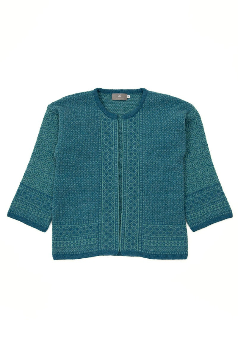 turquoise blue wool kimono jacket cardigan sweater towie pattern