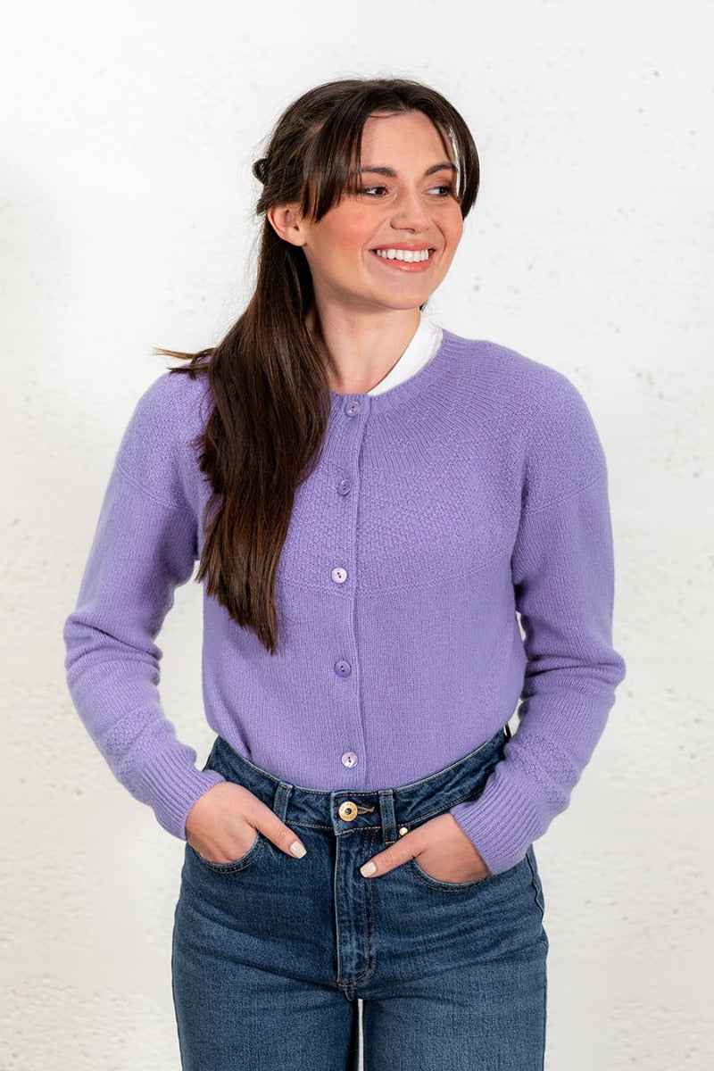 womens lilac lambs wool cardigan gansey purple