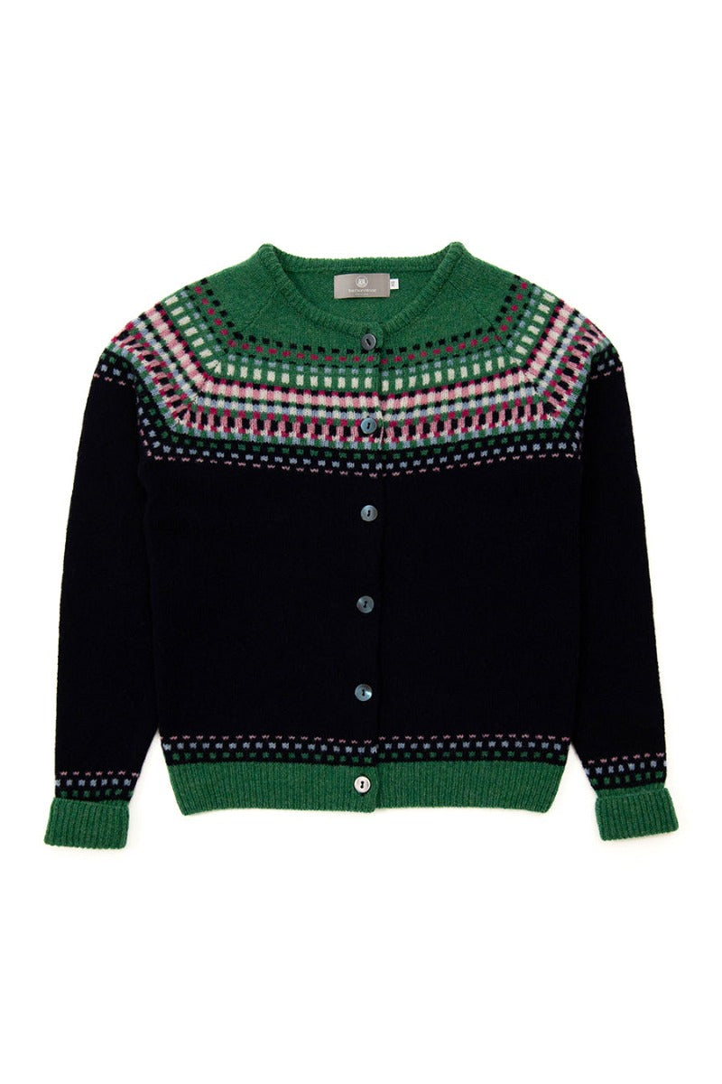 Modern fair isle womens cardigan navy blue green wool