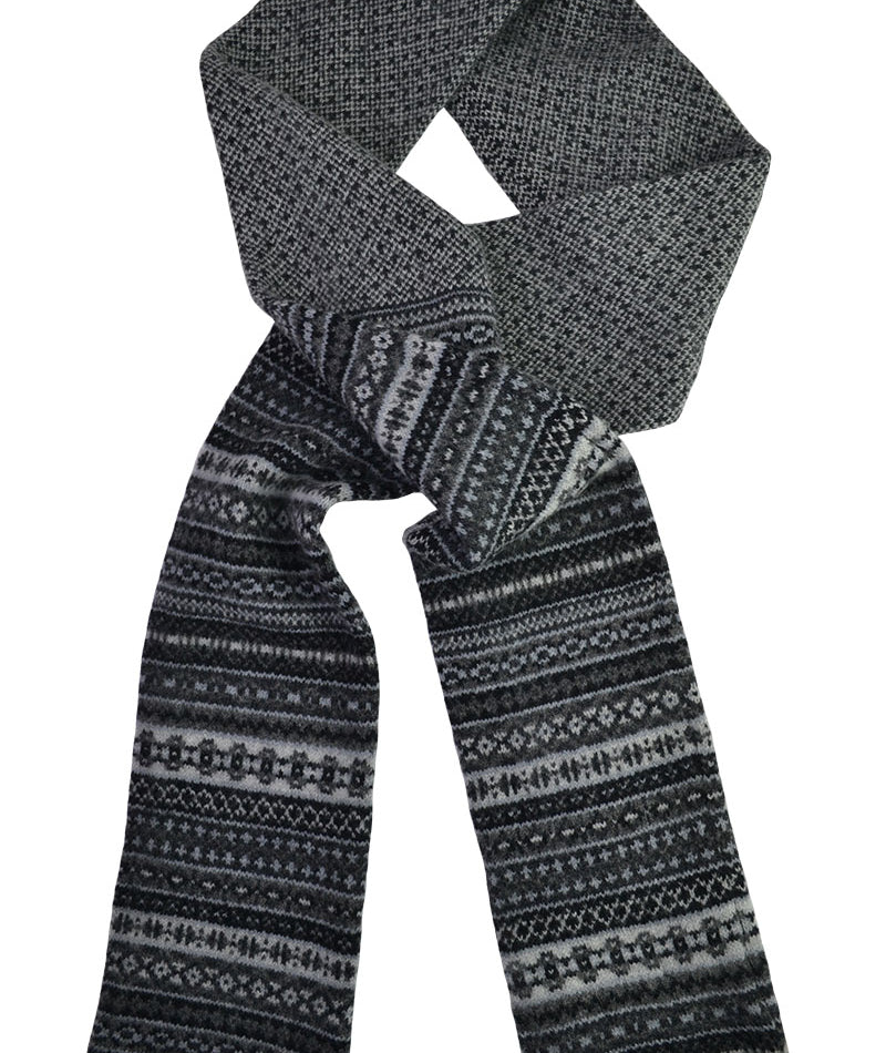fair isle scarf grey black charcoal lambs wool tweed