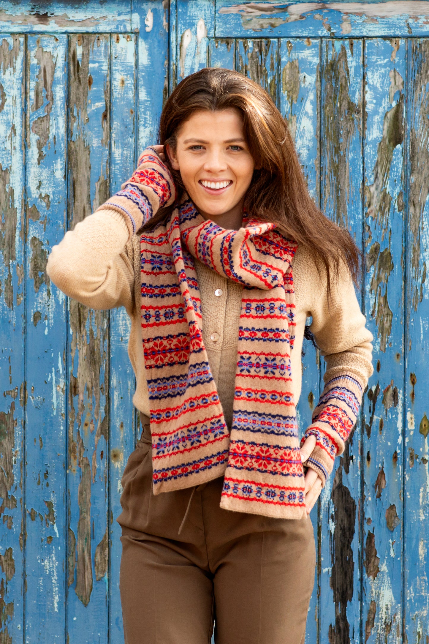 Fair isle scarf camel red blue Scottish lambs wool Scalloway