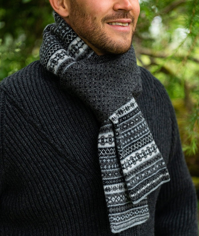 Grey wool fairisle scarf for men tweed