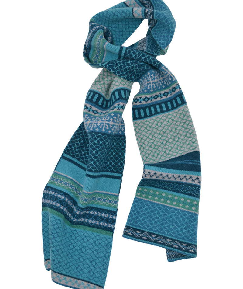 turquoise and teal wool fair isle scarf  in marischal pattern