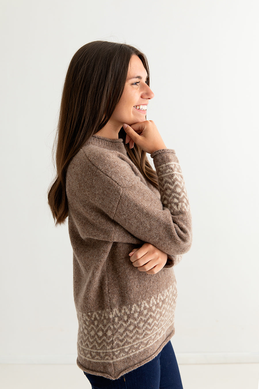 ladies brown fair isle jumper sweater shetland wool braemar side