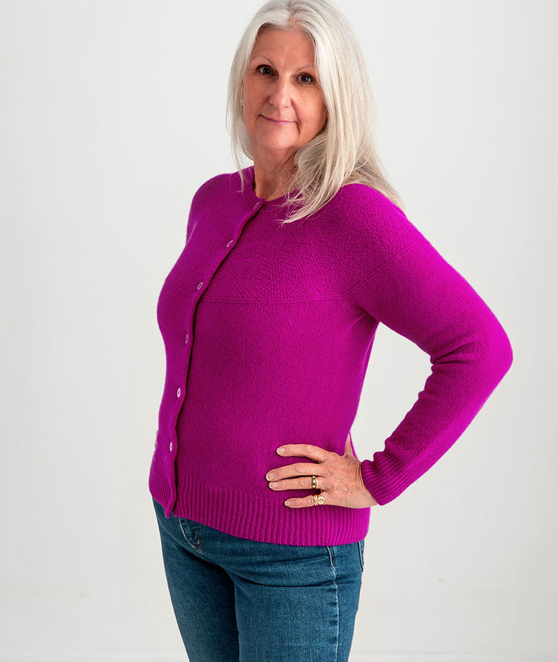 Womens Gansey Cardigan fuchsia pink wool