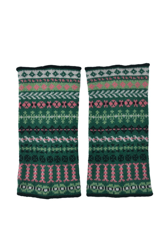 Fair isle wrist warmer fingerless gloves green pink ugie