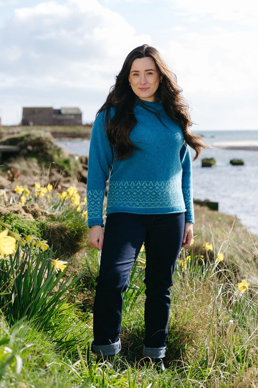 Womens turquoise wool fair isle jumper with aqua art deco Breamar pattern 