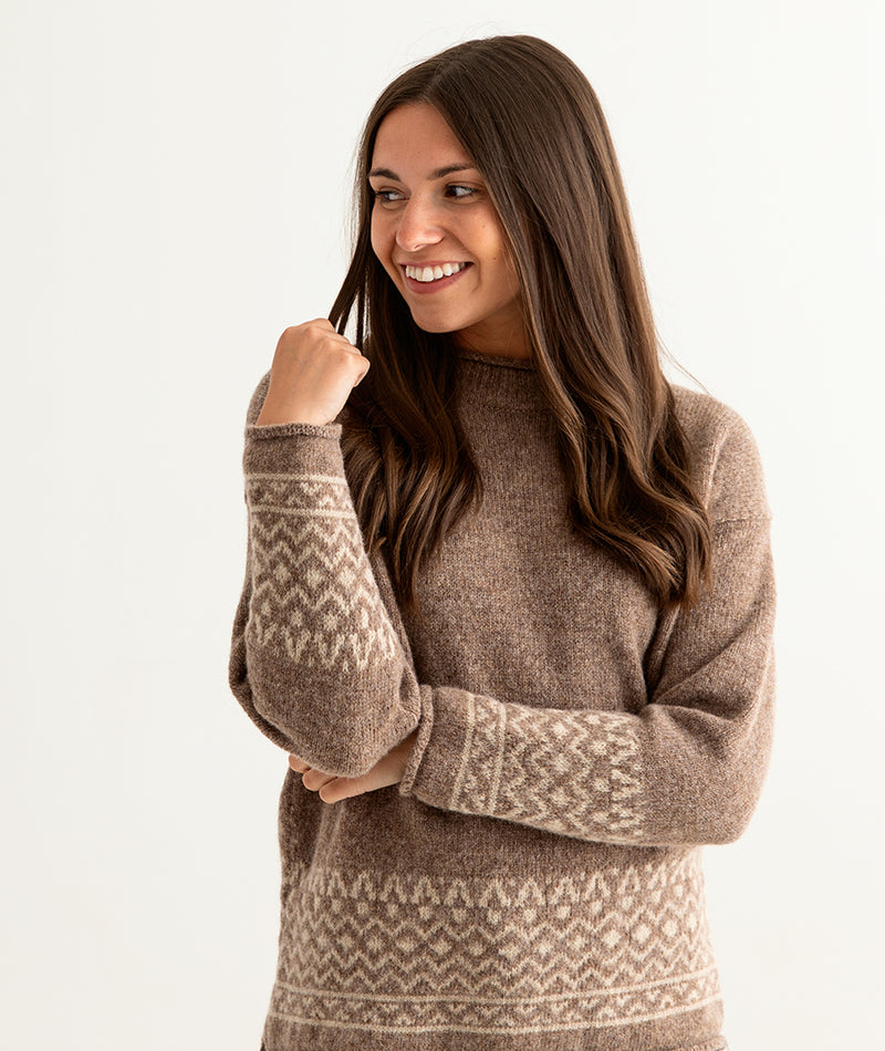 womens brown fair isle jumper sweater shetland wool braemar front