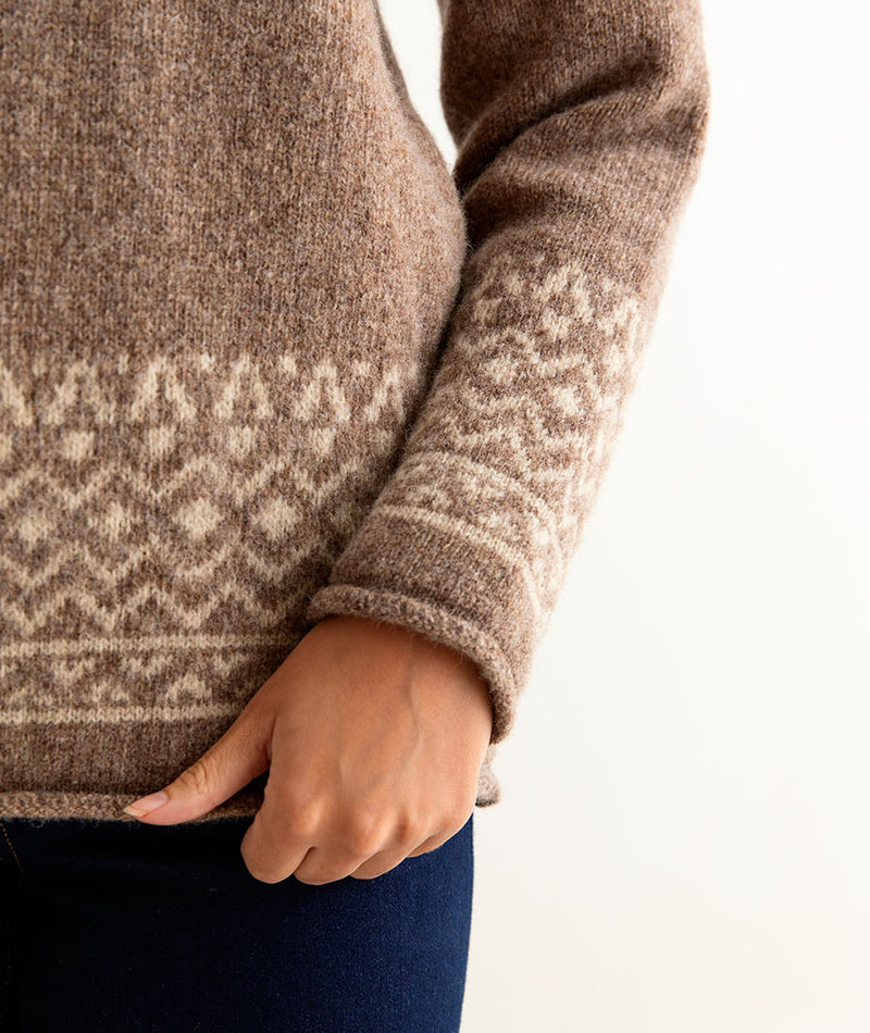 womens brown fair isle jumper sweater shetland wool braemar close up