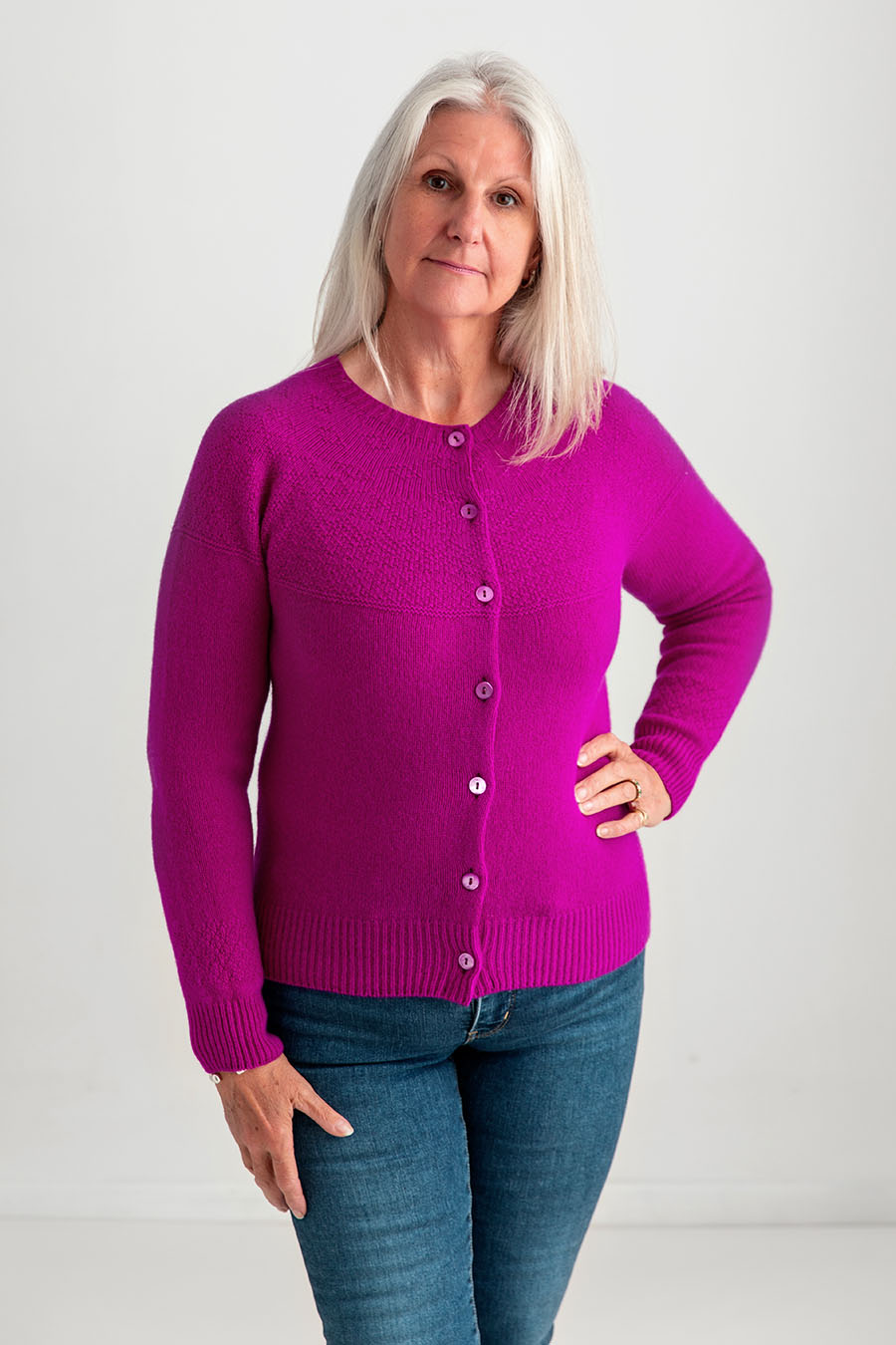 ladies gansey cardgian fuchsia pink wool