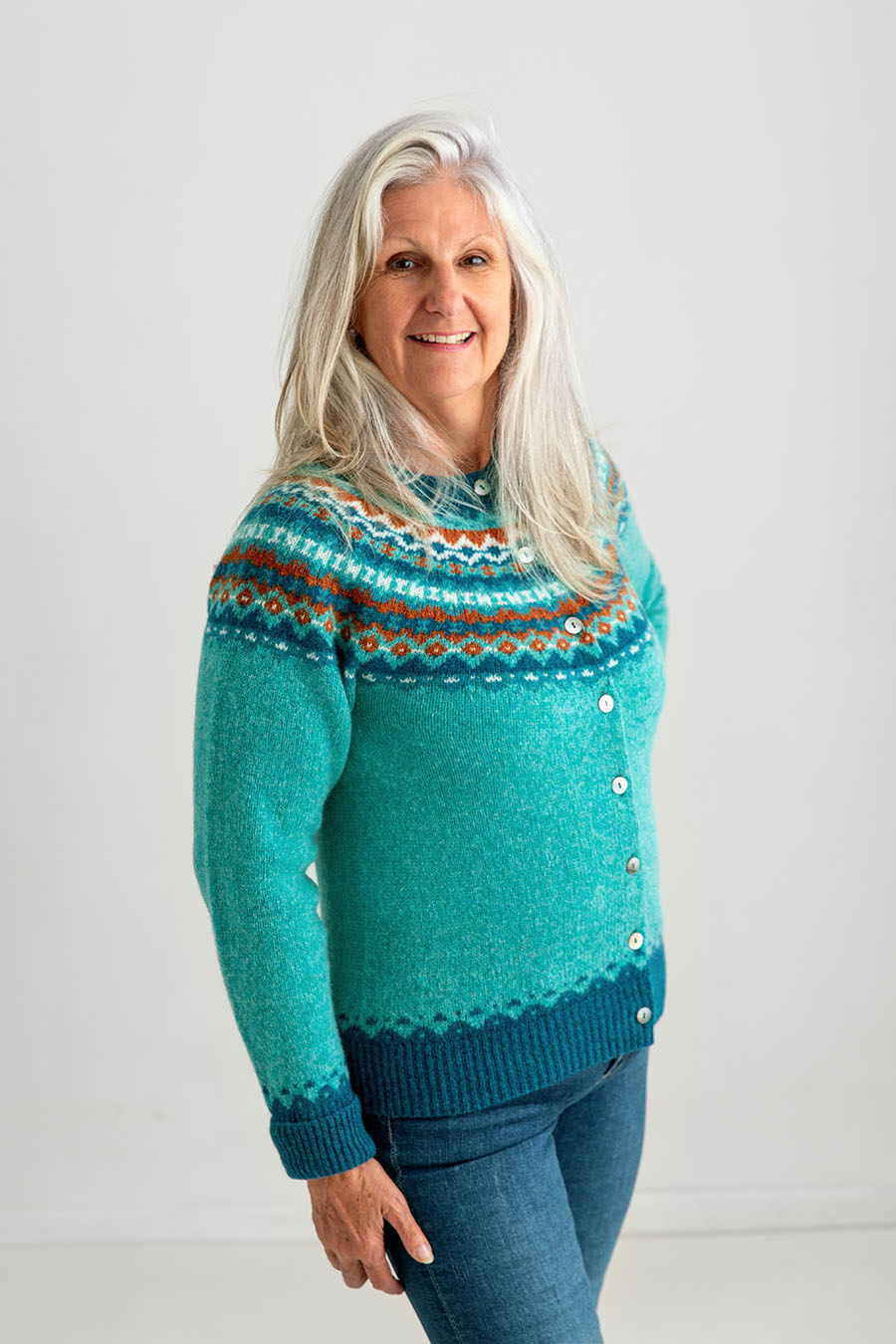 womens fair isle cardigan sweater aqua wool shetland crathie
