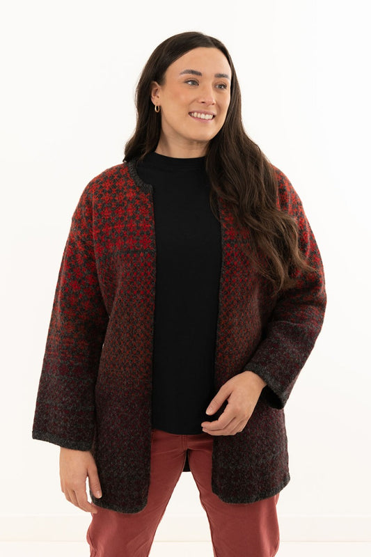 womens fair isle cardigan red long kimono british wool
