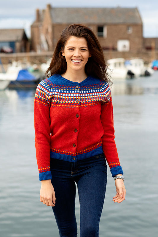 womens scarlet red fair isle cardigan