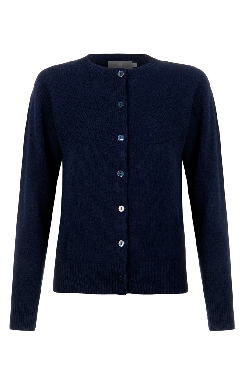 Womens Gansey Cardigan navy blue front