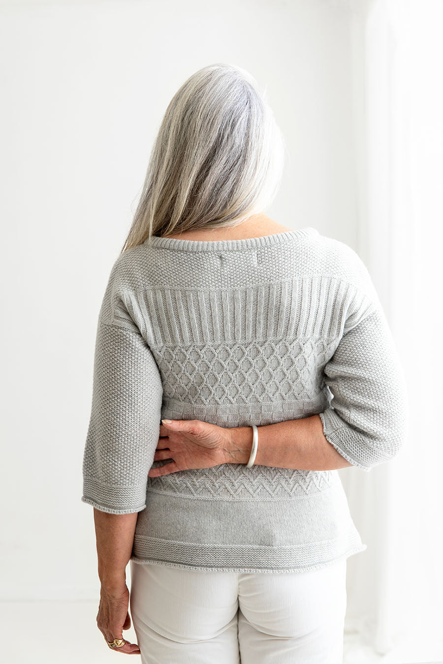 Womens silver grey gansey jumper sweater boat house neck back