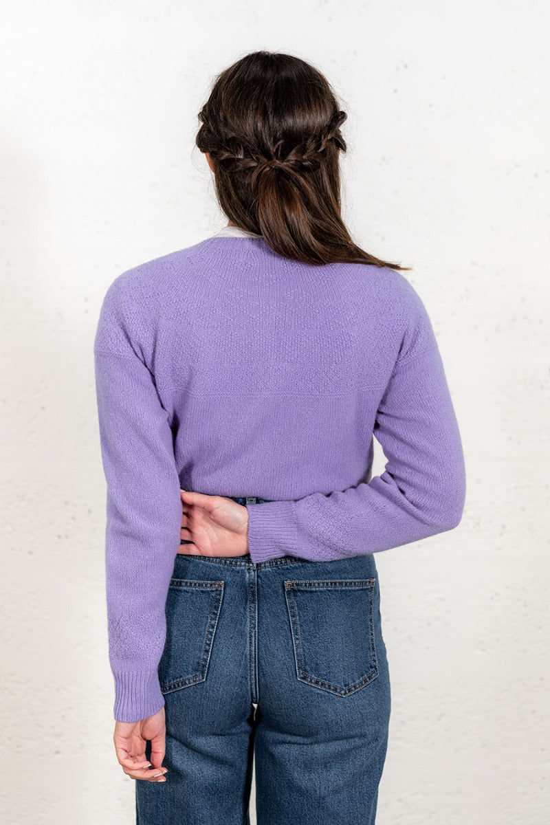 Womens Geelong Superfine Lambswool Gansey Cardigan - Lilac