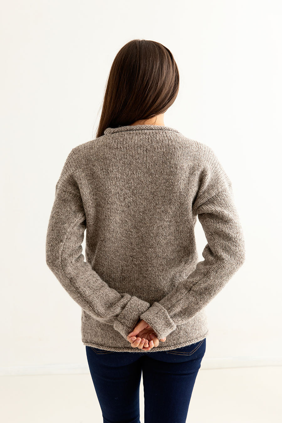 womens natural chunky wool cuffed jumper sweater undyed beige back