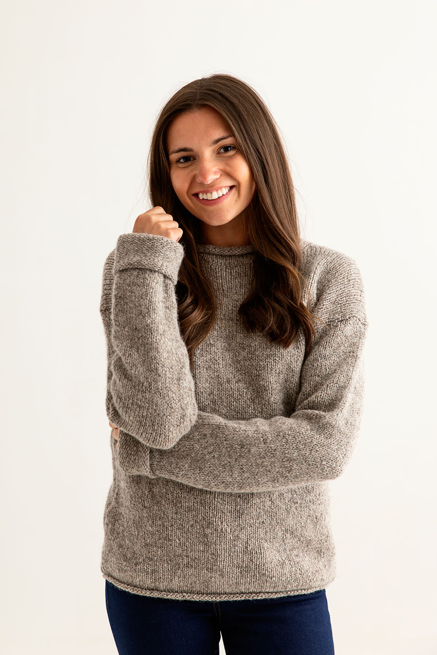 womens undyed chunky wool cuffed jumper sweater natural beige ladies front