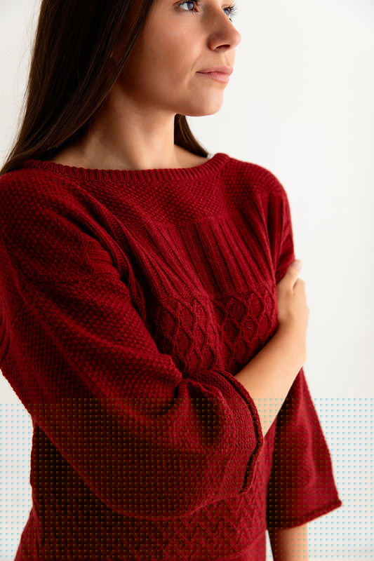 red womens gansey guernsey sweater jumper geelong lambswool close up